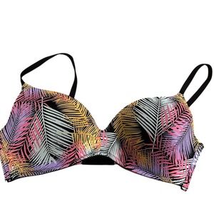 Palm Leaf Print Bra Black‎ Tropical Pink Yellow Lined Adjustable Straps